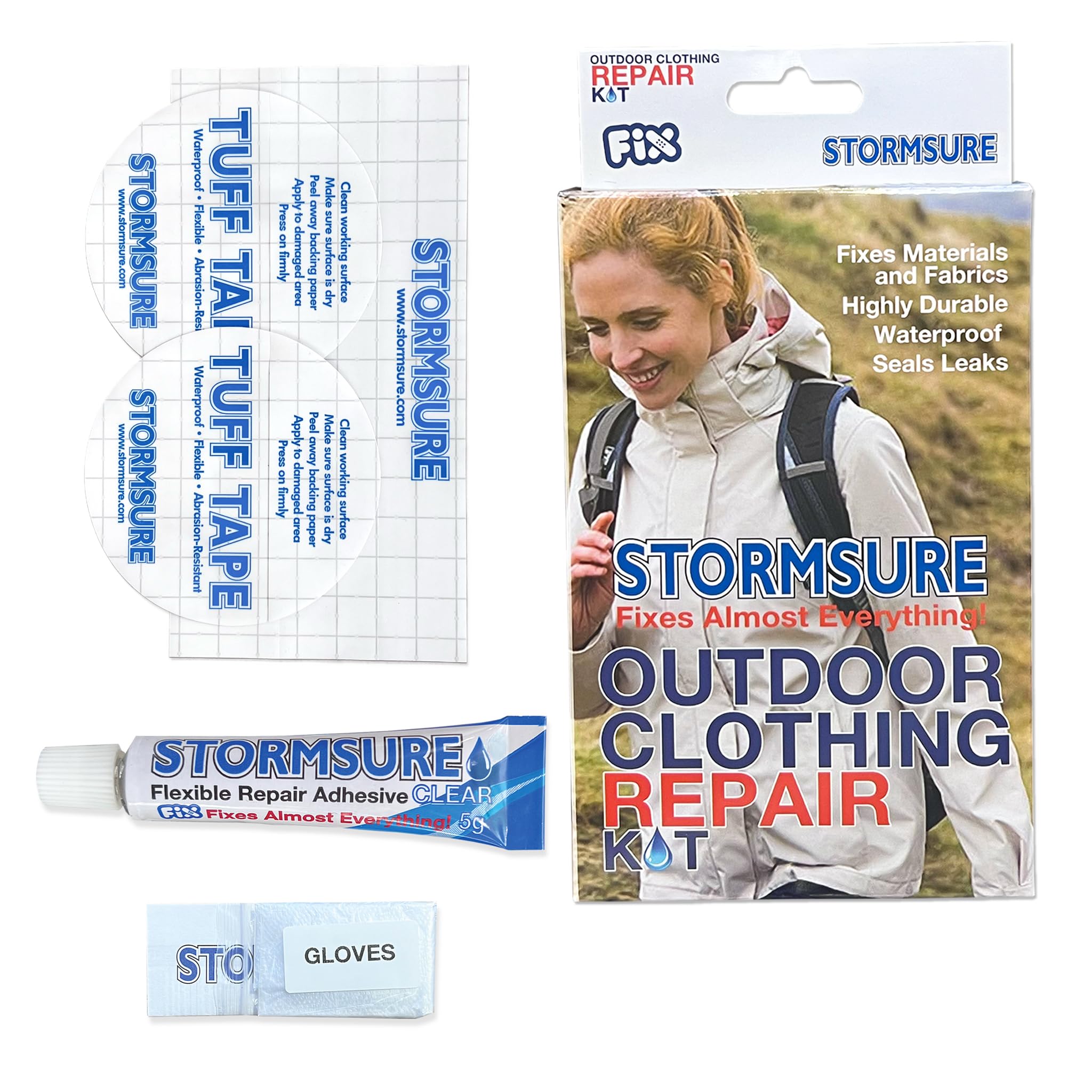 Stormsure Outdoor Clothing Repair Kit - Repair Outdoor and Foul Weather Clothing with Clear Stormsure Glue and Tuff Tape Patches.