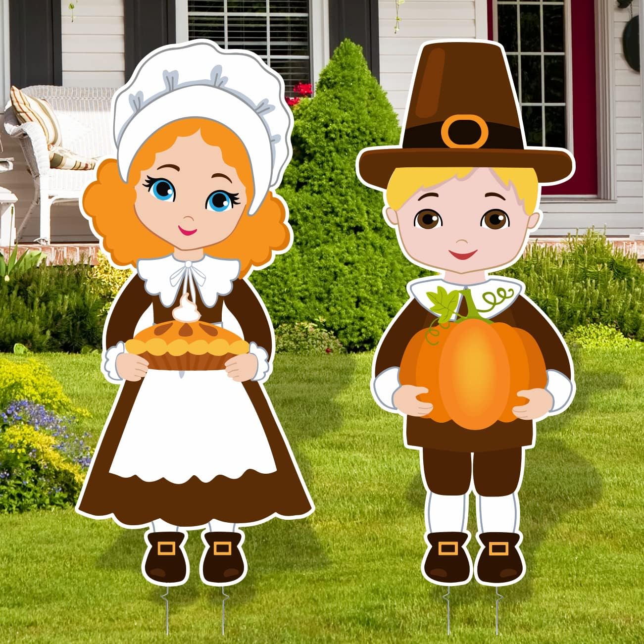 Yard Signs - Large Thanksgiving Pilgrim Yard Sign Thanksgiving Harvest Theme Pilgrim Boy Girl Lawn Signs with Stakes for Fall Indoor Outdoor Decorations Autumn Office Farmhouse Garden Walkway Supplies Photo Props