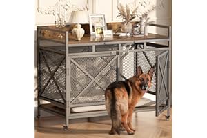 COZPAW Large Dog Crate Furniture, 48 Inch Wooden Dog Kennel for XLarge Dogs, Heavy Duty Dogs Furniture Indoor Wire Dog Cage with Adjustable Feet & 360° Wheels,Decorative Pet House End Table, Vintage Brown