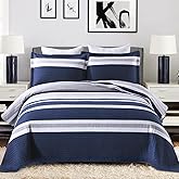 PERHOM Quilts Queen Size Navy Blue Striped Queen Quilt, 100% Cotton Queen Quilts with 2 Shams, Lightweight Soft Bedspreads/Coverlet/Bedding Set for All Season, 3 Pieces