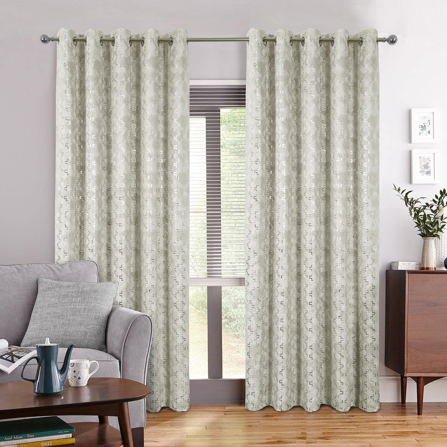 always4u Eyelet Printed Geometric Patterns Curtains 100% Blackout Velour Velvet for Living Room Drop Curtain Pair Panels Natural 46 * 90