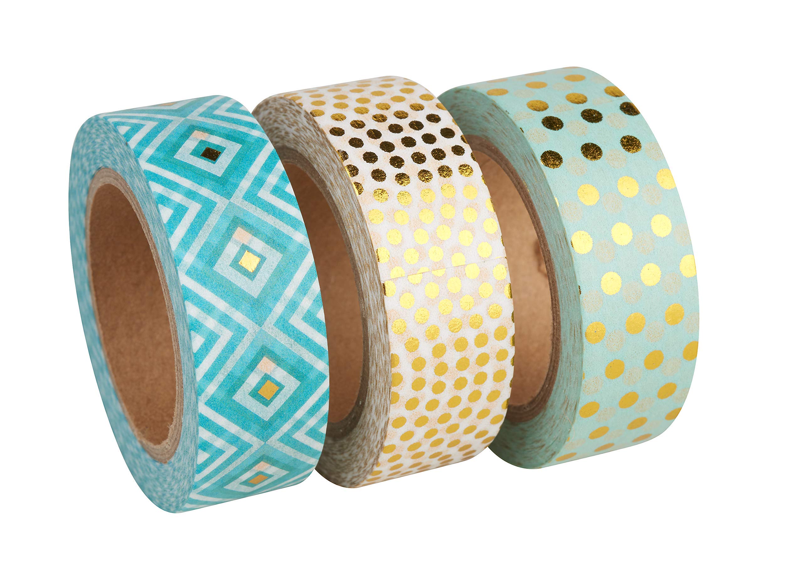 Rayher Washi Tape Set in 3 Designs with gold Details, Self-Adhesive Craft Tape for Paper crafts, Scrapbooking and Home Decor, mint, blue, and white, 15mm