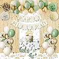 Sage Green Birthday Decorations, Olive Green Gold White Sand Balloons Happy Birthday Banner Tablecloth Gold Fringe Curtain Paper Pom Poms for Kids Women Men Girls Boys Birthday Green Party Decor