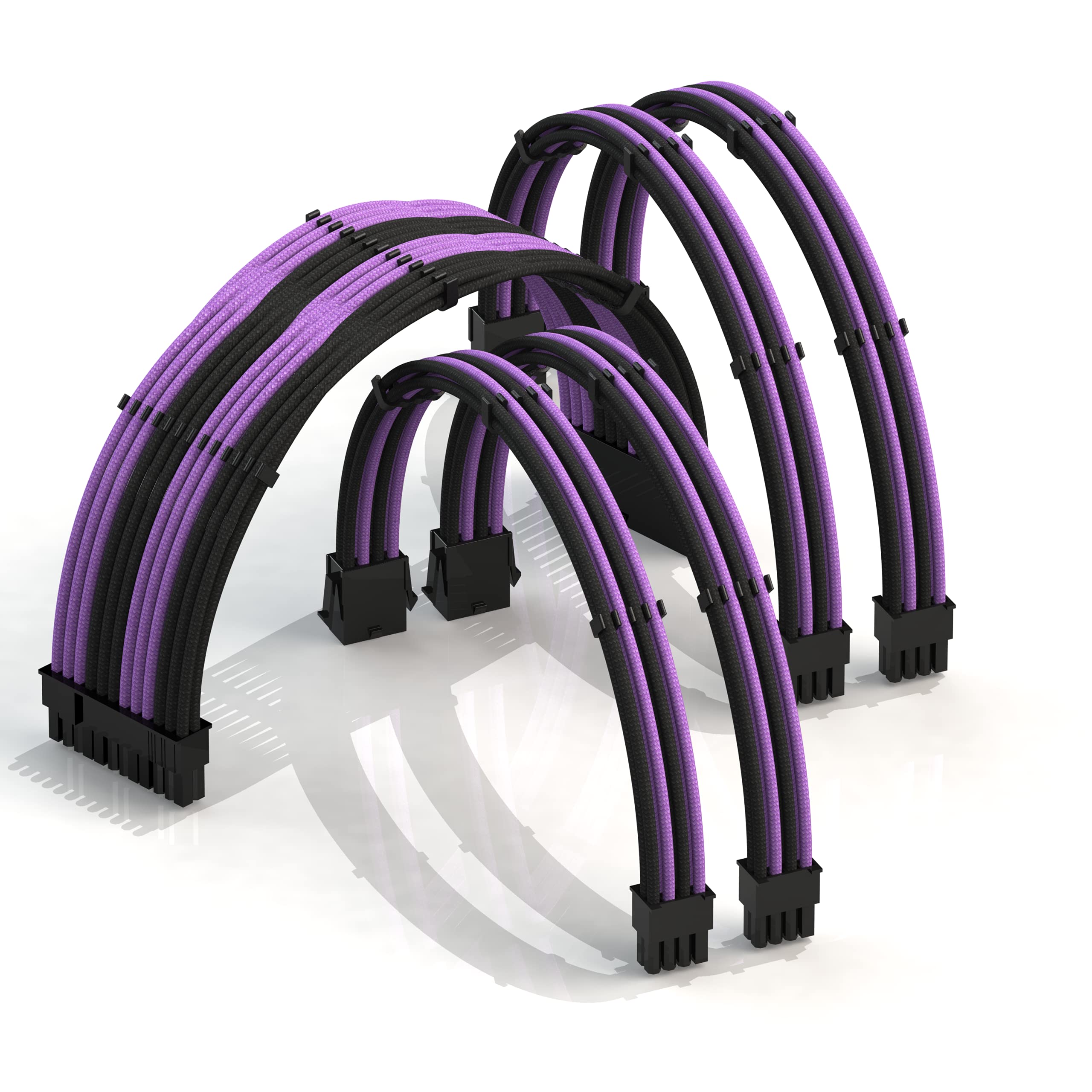 LINKUP - 30cm Super Soft and Flexible PSU Cable Extension Sleeved Custom Mod GPU PC Braided w/Comb Kit | 1 x 24 P (20+4) | 2 x 8 P (4+4) CPU | 2 x 8 P (6+2) GPU set | 300mm - BlackPurple