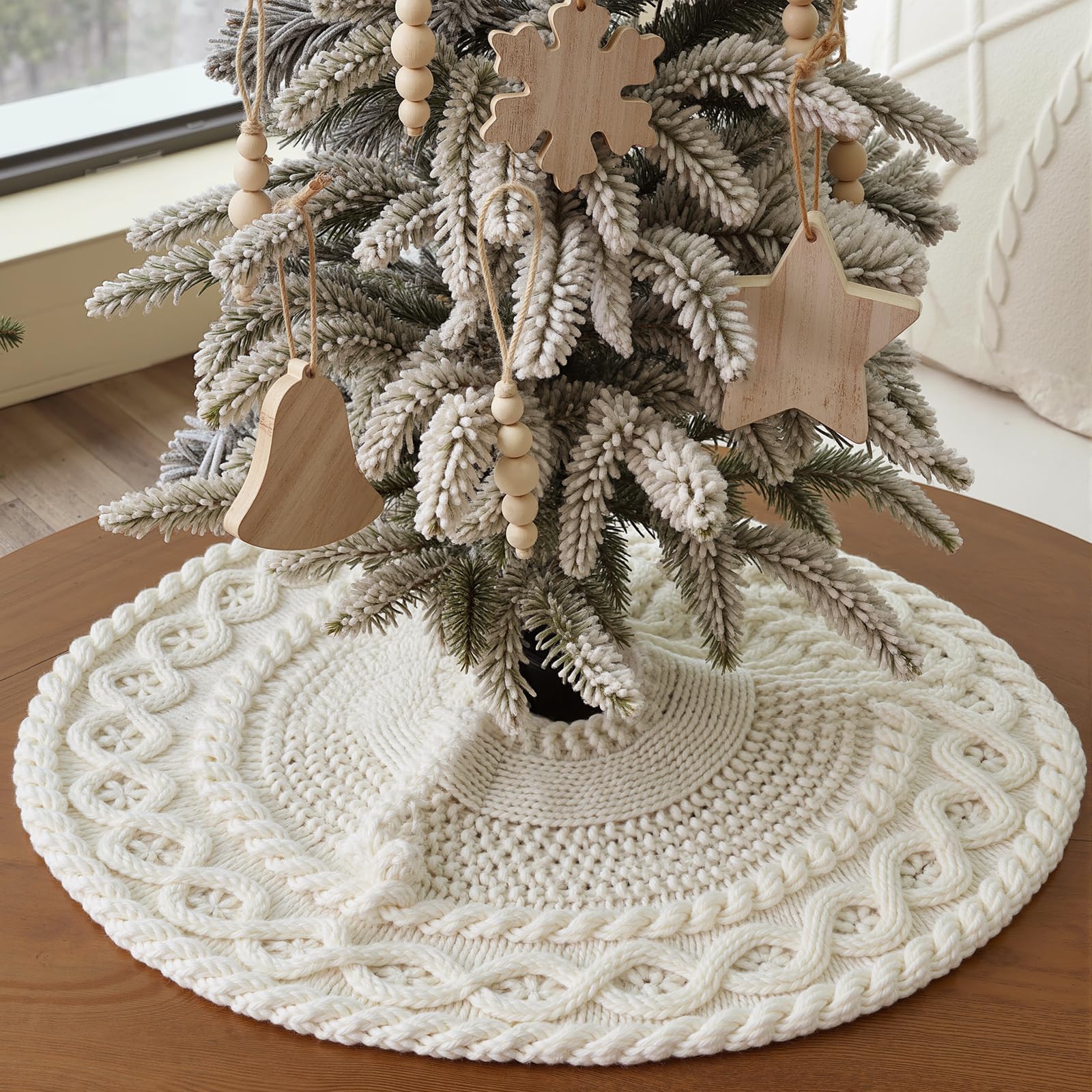 Photo 1 of 18 inch Christmas Tree Skirt: Mini Tree Skirt for Pencil Tree, Diamond Edge Knit Cream White Tree Skirt for 3ft Tree, Vintage Tree Skirts, Rustic Farmhouse Christmas Decorations