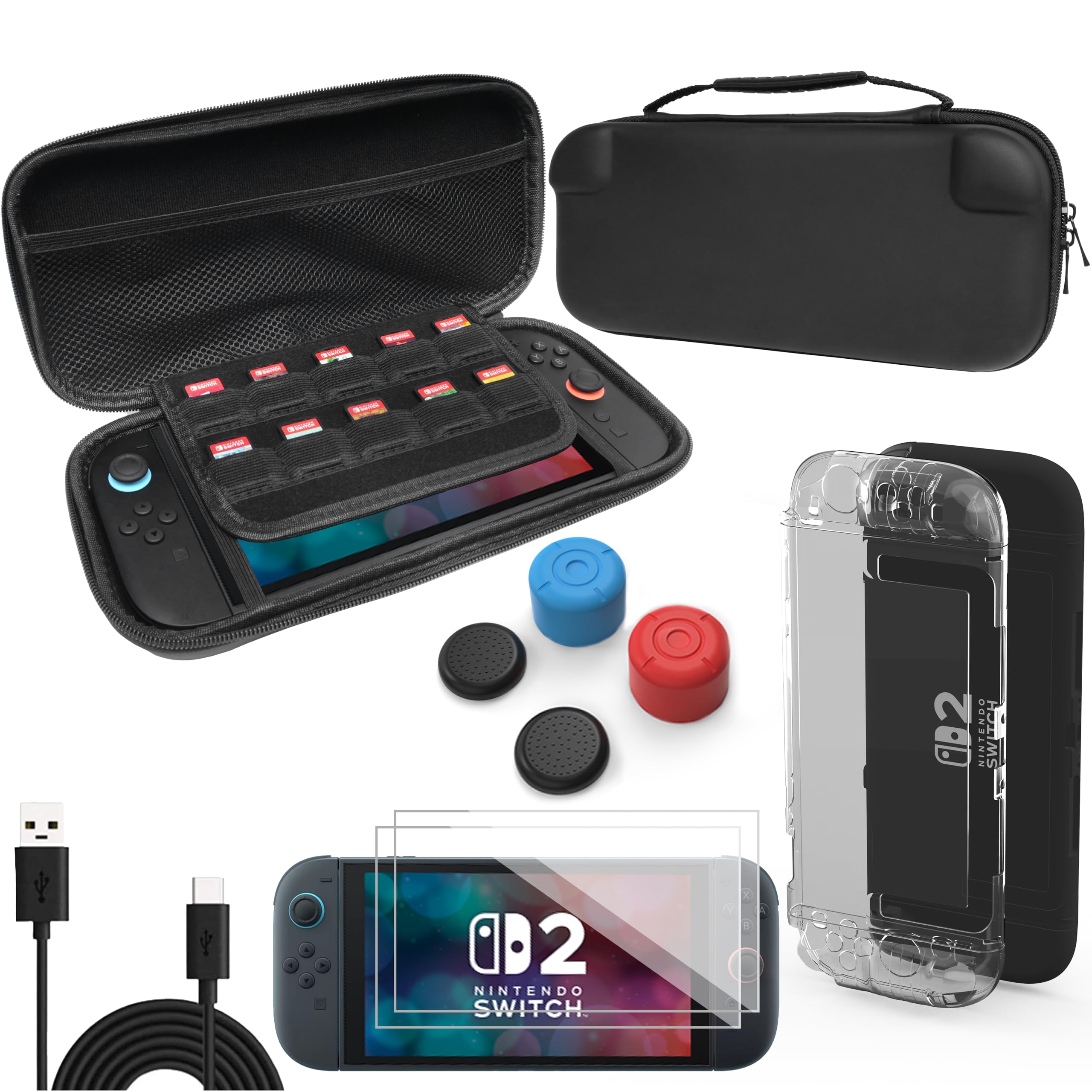 TIKOdirect Switch 2 Accessorices Bundle for Switch 2 (2025), Game Kit with Carrying Case, HD Screen Protector, Dockable Protective Cover Shell, Thumb Grips, Charge Cable, Black