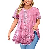 Womens Plus Size Tops Short Sleeve Swing Flare Flowy Tunic Loose Fit Summer Casual Blouses to Wear with Leggings