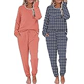 Ekouaer 2 Pack Womens Pajama Sets Long Sleeve Lounge Sets Soft Pj Sleepwear Loungewear