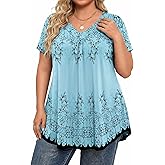IN'VOLAND Womens Plus Size Tops Short Sleeve Summer V Neck Shirts Flowy Dressy Casual Tunic Blouses 1X-5X