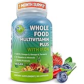 Whole Food Multivitamin With Iron plus Probiotics, Enzymes, CoQ10 &amp; more | Vegan Methylated Multivitamin for Women and Men, Made with 35 Fruits &amp; Vegetables, Omegas, Turmeric, Daily Nutrition, 90 ct