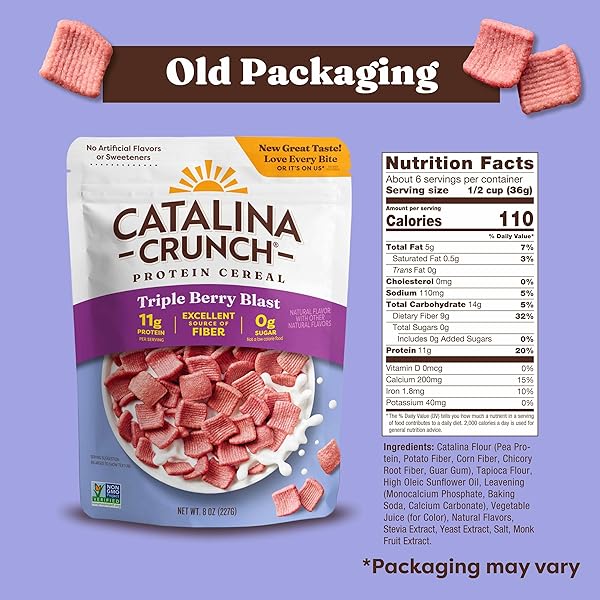 CATALINA CRUNCH PROTEIN CEREAL – SUGAR FREE BREAKFAST CEREAL WITH 11G OF PROTEIN – GLUTEN FREE – TRIPLE BERRY BLAST – 8 OZ. BAG (PACK OF 1), PACKAGING MAY VARY