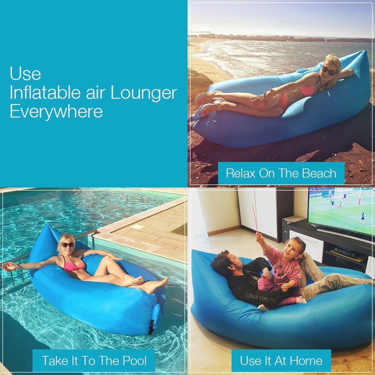 isYoung Portable Inflatable Air Sofa, Ultra Waterproof and Durable for Camping, Beach, Park, Backyard, Picnics or Indoor Wind Bed Lounger (Blue Air Sofa)