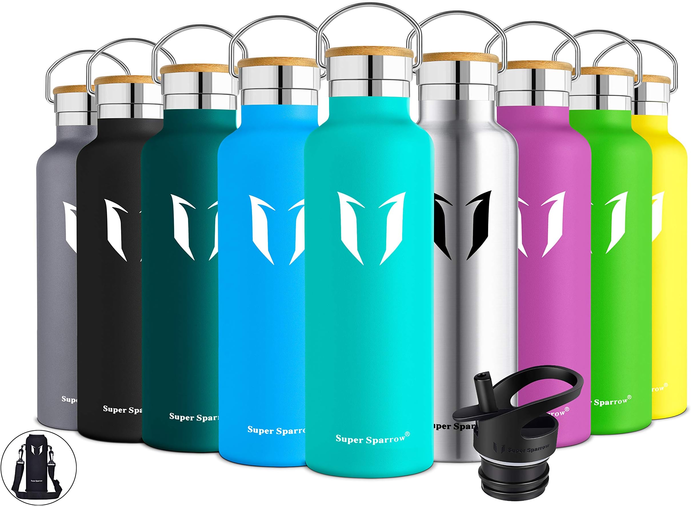 Super Sparrow Insulated Water Bottle Stainless Steel Bottles Standard Mouth Leak Proof Thermoflask 12/17/20/25/32oz Double Walled Flask with Straw Lid and Wooden/Metal Caps