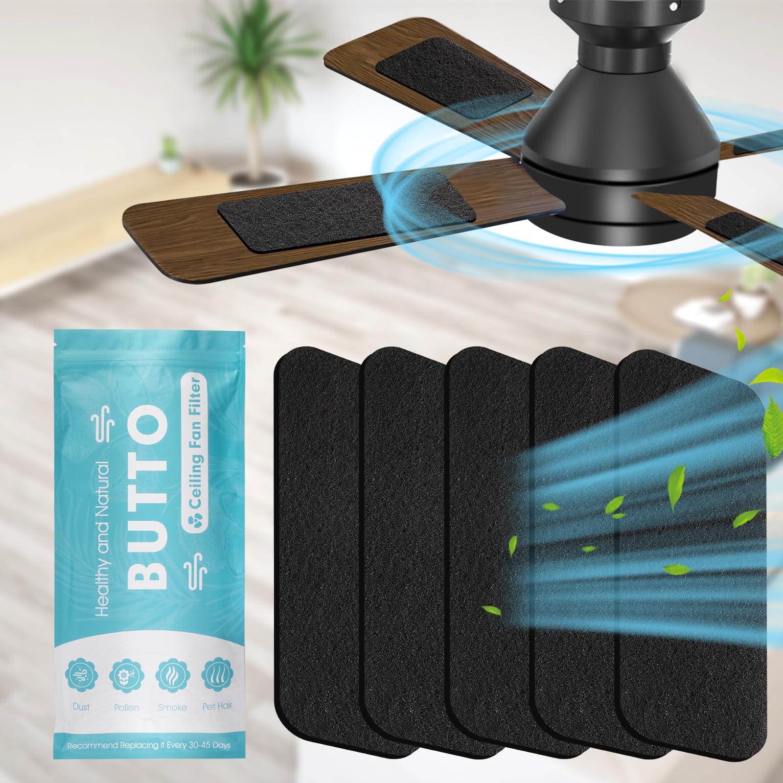 Photo 1 of  PACK OF 2 BUT TO Butto 5-Pack Ceiling Fan Filters - Strong Adhesive Ceiling Fan Blade Filters for Common Household Contaminants - Unscented Coconut Carbon Fan Air Purifier Pads to Make Air Fresh and Natural