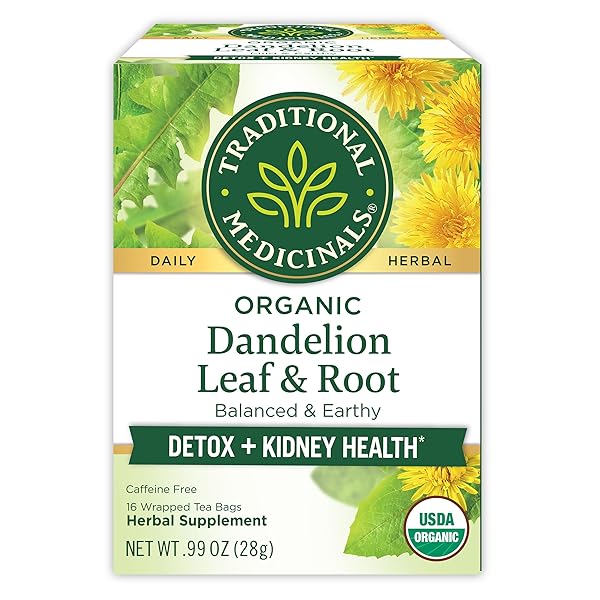 TRADITIONAL MEDICINALS ORGANIC, DANDELION LEAF & ROOT – DANDELION ROOT TEA, SUPPORTS NORMAL DETOX + DIGESTION – KOSHER, NON-GMO, CAFFEINE-FREE, COMPOSTABLE – 16 TEA BAGS