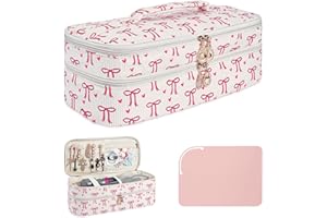 WOBAGMEN Hair Tools Travel Bag, Double-Layer Corduroy Carrying Case for Hair Dryers & Accessories, Portable Curling Iron Travel Case with Heat Resistant Mat, Elegant Hair Tool Organizer (pink bow, L)