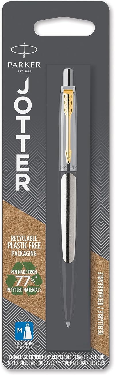 Parker Jotter Ballpoint Pen Stainless Steel Golden Trim Medium Point Blue Ink