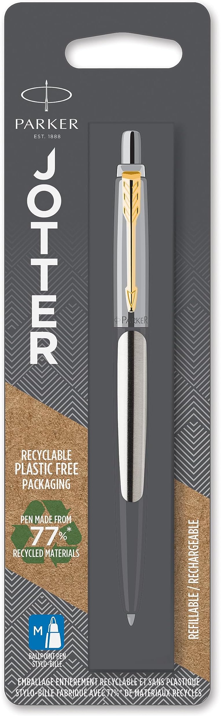 Parker Jotter Ballpoint Pen Stainless Steel Golden Trim Medium Point Blue Ink