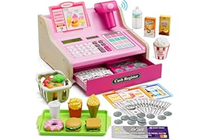 Wee Wonders Wooden Cash Register for Kids with Real Calculator, Rechargeable Cash Register Toy with Scanner/Play Money/Food/Credit Card/Menu, Pretend Play Toys Gifts for Boys Girls Ages 3-8,Color