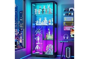 LVIFUR 71” Glass Display Cabinet with RGB Light - Curio Cabinet with Glass Doors for Collectibles, 7-Tiers Tall Display Case with Human Sensor, Showcase with Removable Shelves for Figures, Lego (Black)