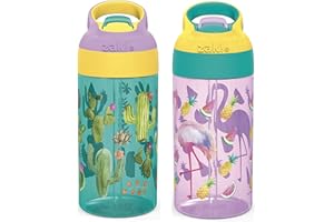 Zak Designs 16oz Riverside Desert Life Kids Water Bottle with Straw and Built in Carrying Loop Made of Durable Plastic, Leak-Proof Design for Travel, Cactus-Flamingo Pineapple, 2PK Set