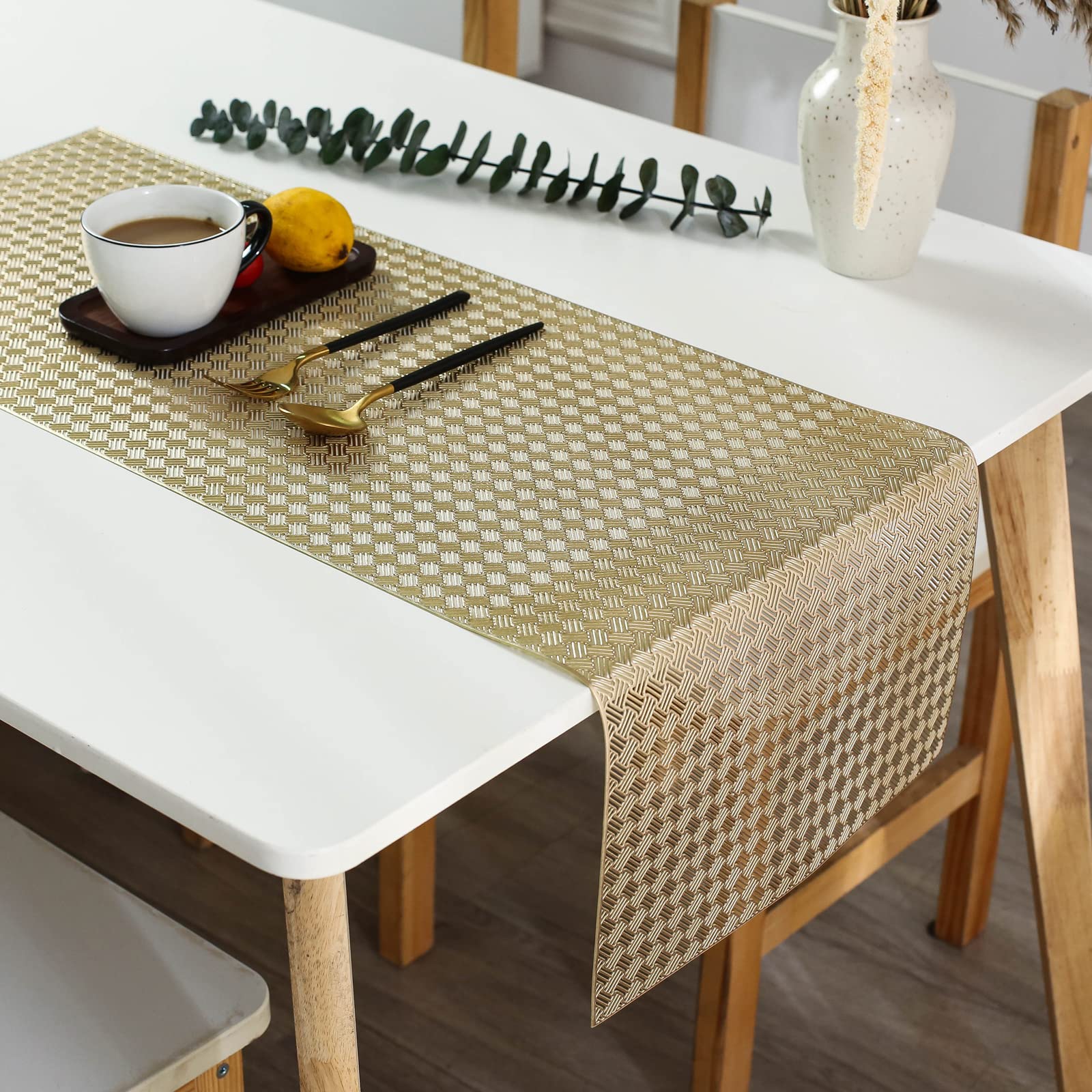 Hosoncovy Hollow Table Runner Non-slip Decorative PVC Table Mats Placemat Heat Resistant Mats for Home Party Kitchen Dining Wedding Decor (92CM X 33CM) (Gold)