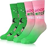 Cutecrop 2 Pairs Novelty Witch Socks for Women Girls Green and Pink Witch Crew Socks Musical Friendship Gift for Party Favors