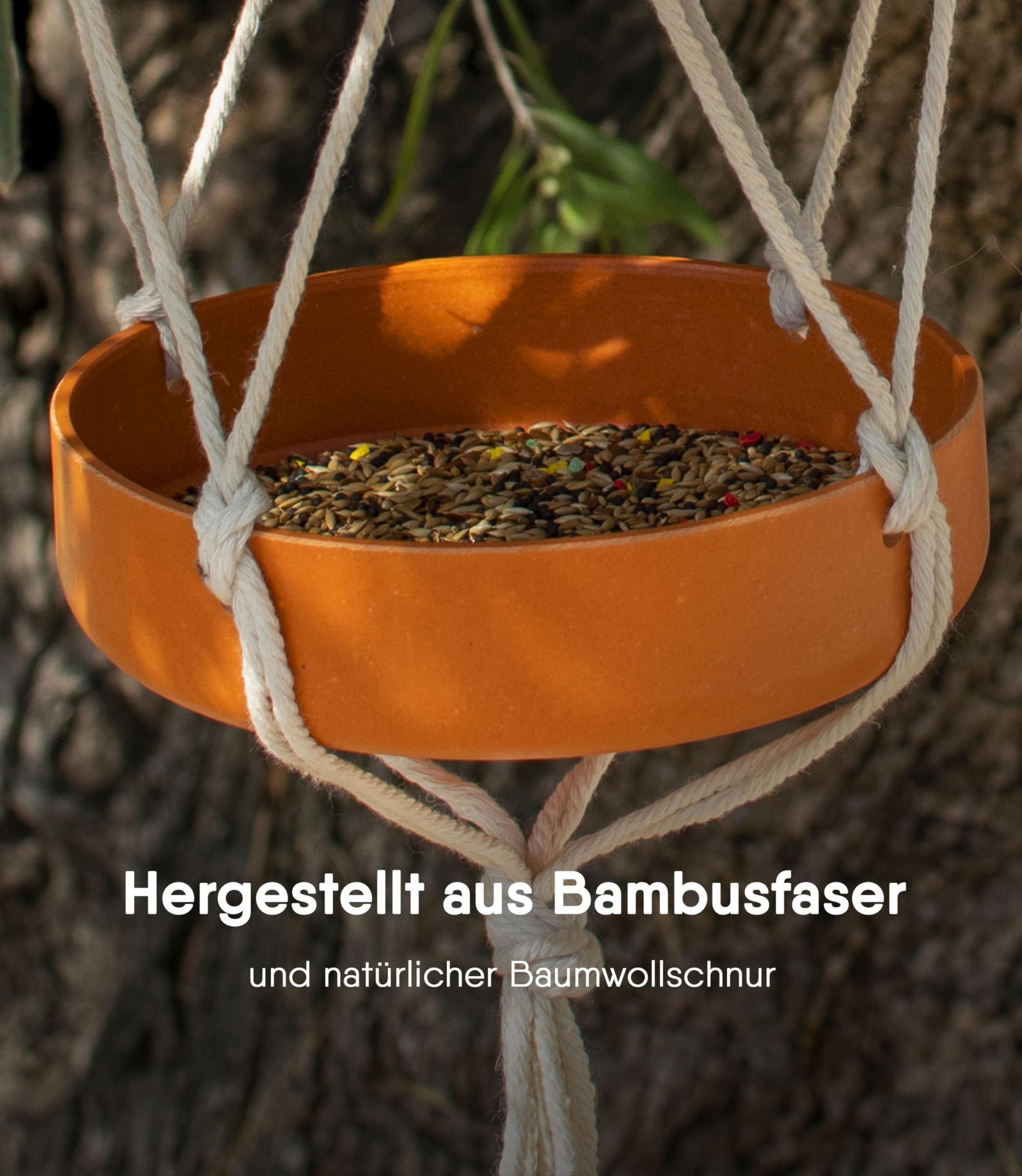 Vogelfutterstation für den Außenbereich mit doppeltem Tablett aus Bambusfaser und Baumwollseil Vogeltränke für Garten Balkon und Terrasse Futterstation für Wildvögel robust 4