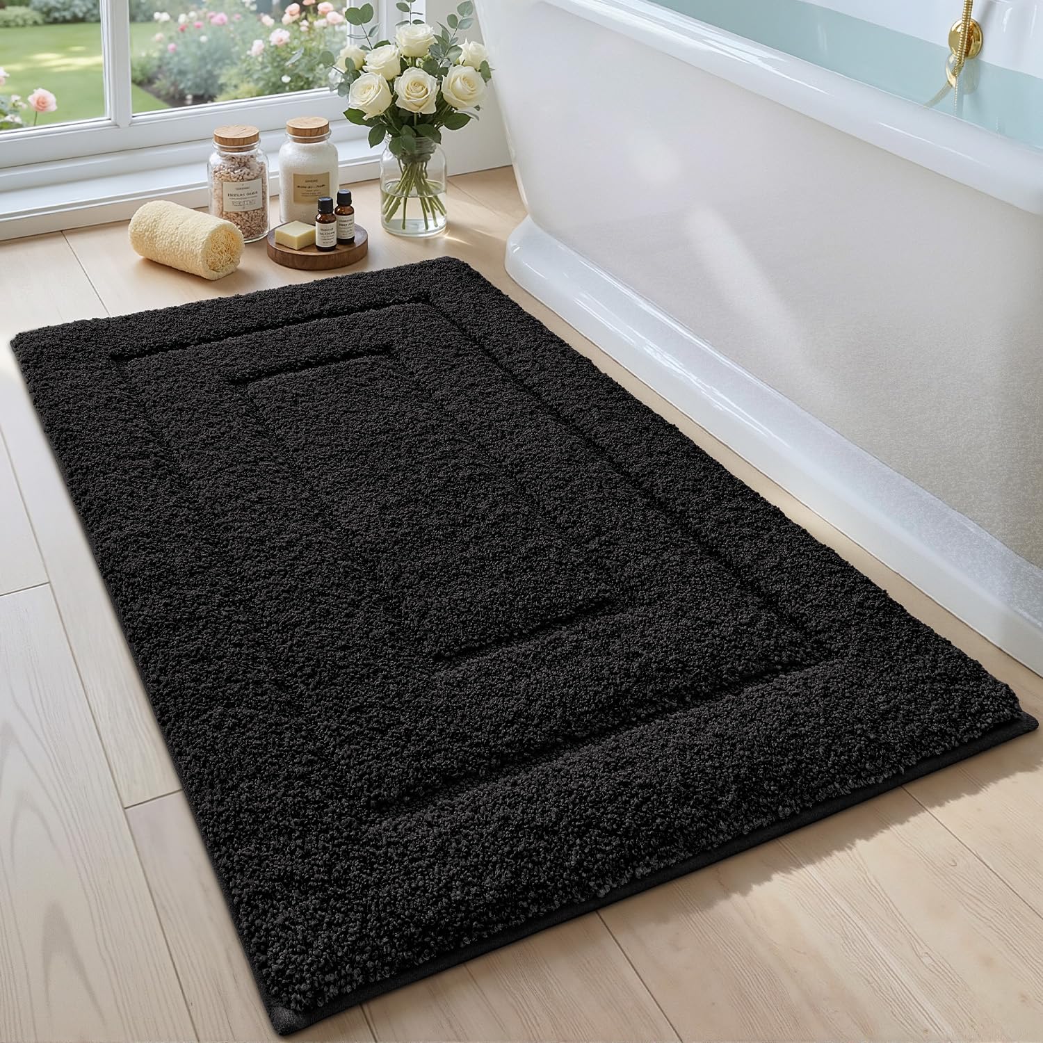 DEXI Bath Mat 60 x 90 cm, Extra Soft Absorbent Microfiber, Non-Slip Bathroom Mats, Machine Washable Rugs for Shower Floor, Black