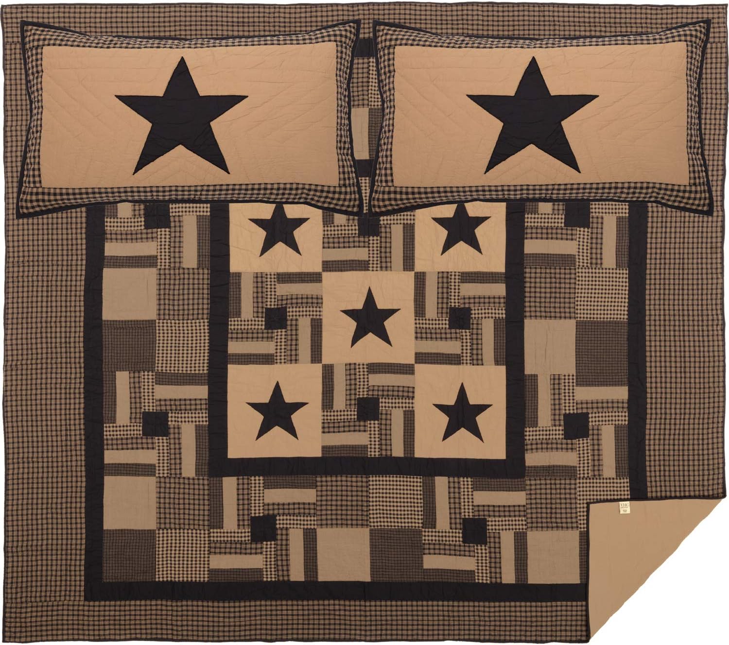VHC Brands Primitive Bedding Check Cotton Pre-Washed Appliqued Star Sham California King Quilt Set, Raven Black