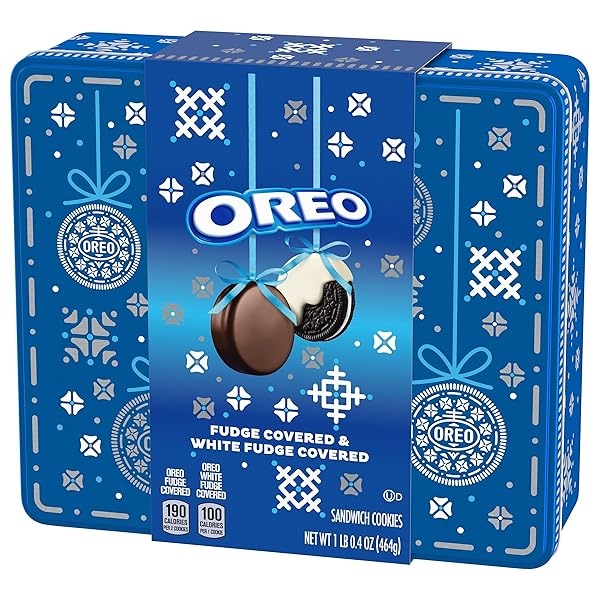 OREO FUDGE AND WHITE FUDGE COVERED CHOCOLATE SANDWICH COOKIES, HOLIDAY COOKIES, 1.02 LB TIN