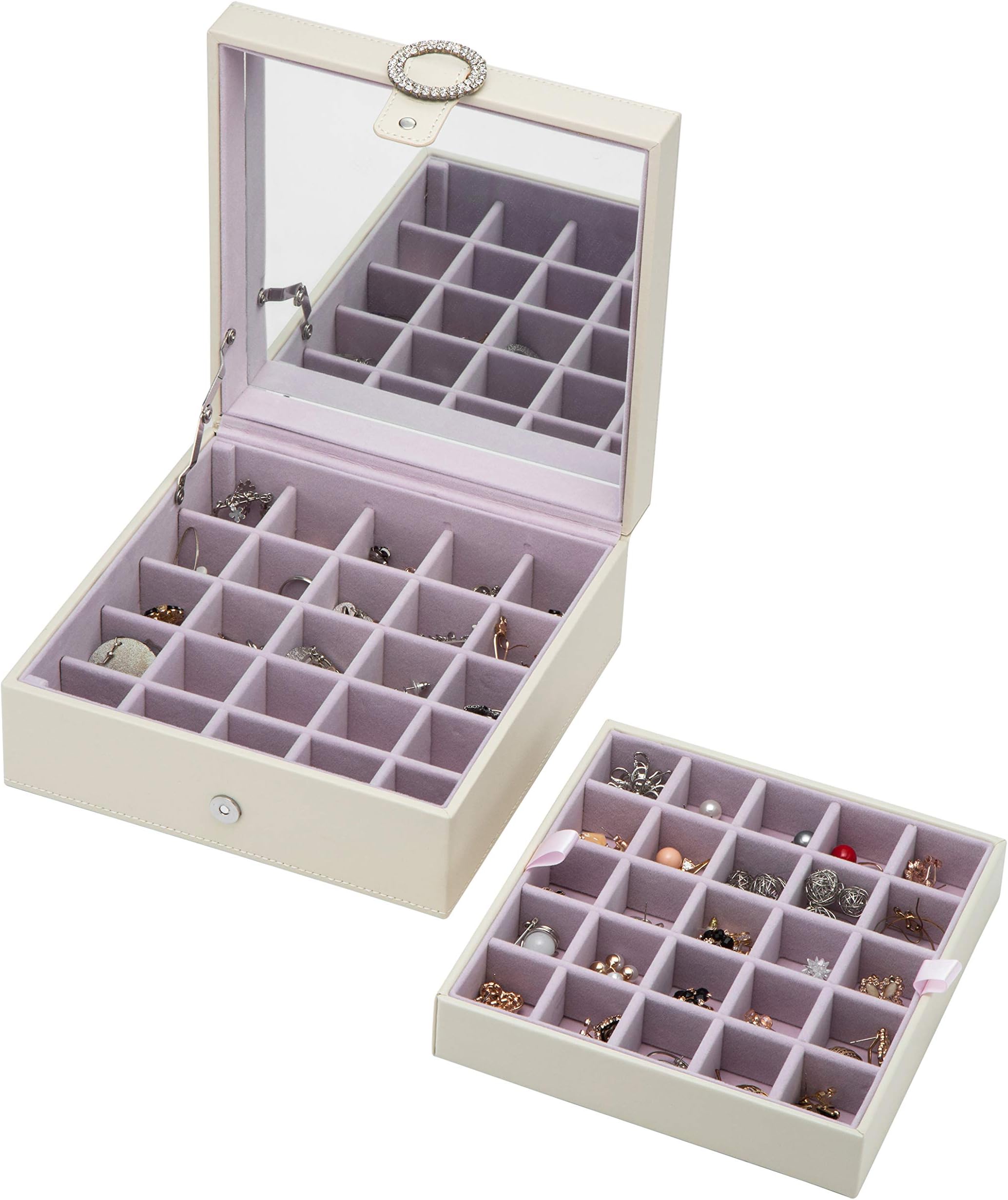 JackCubeDesign Leather 50 Slots Earring Organiser Storage Box Display with Mirror Inside Velvet Section Compartments Divider Jewellery Tray Case Holder(Beige, 21.6 x 21.6 x 16 cm) – MK355D