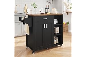 YITAHOME Kitchen Island with Storage, Rolling Kitchen Island on Wheels with Drawer Open Shelves & Wine Rack Spice Rack, Kitchen Cart with Two Doors for Kitchen, Dining Room, Black