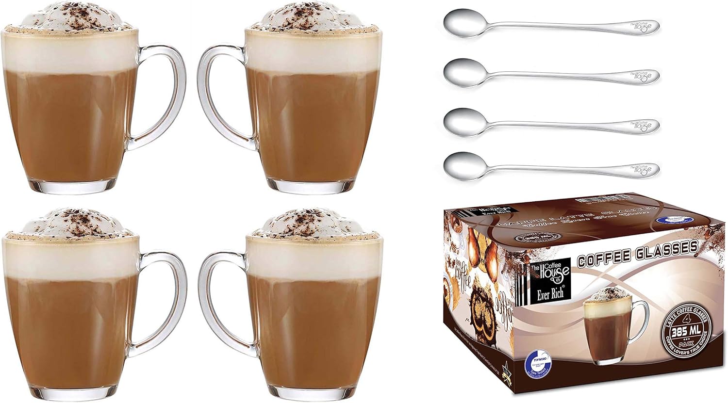 EVER RICH ® Latte Glass Tea Coffee Cup Mug (Fits Tassimo & Dolce Gusto) (385ML X 4 & Spoons