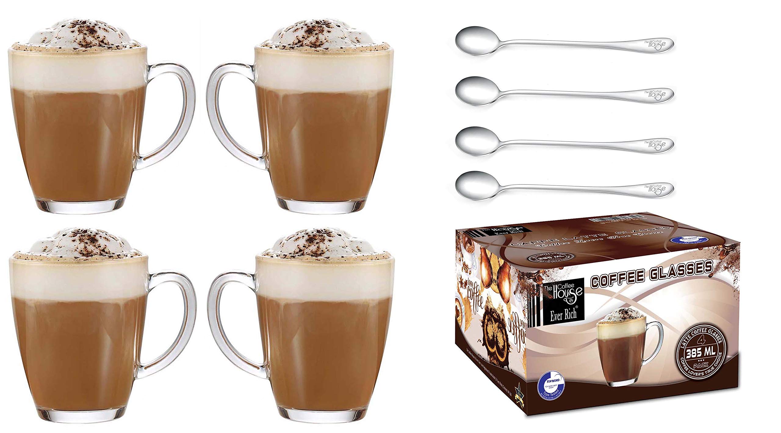 EVER RICH ® 385ML Latte Glasses Tea Coffee Cup Mug (1-385ML X 4 + Spoon)