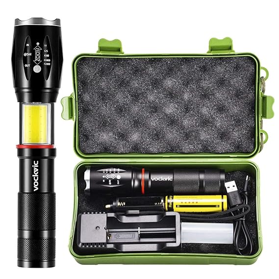 LED Taktische Taschenlampe, Vockvic CREE T6 1000 Lumen Superhell Wiederaufladbar Taschenlampe mit COB Licht und Magnet, 6 Mod