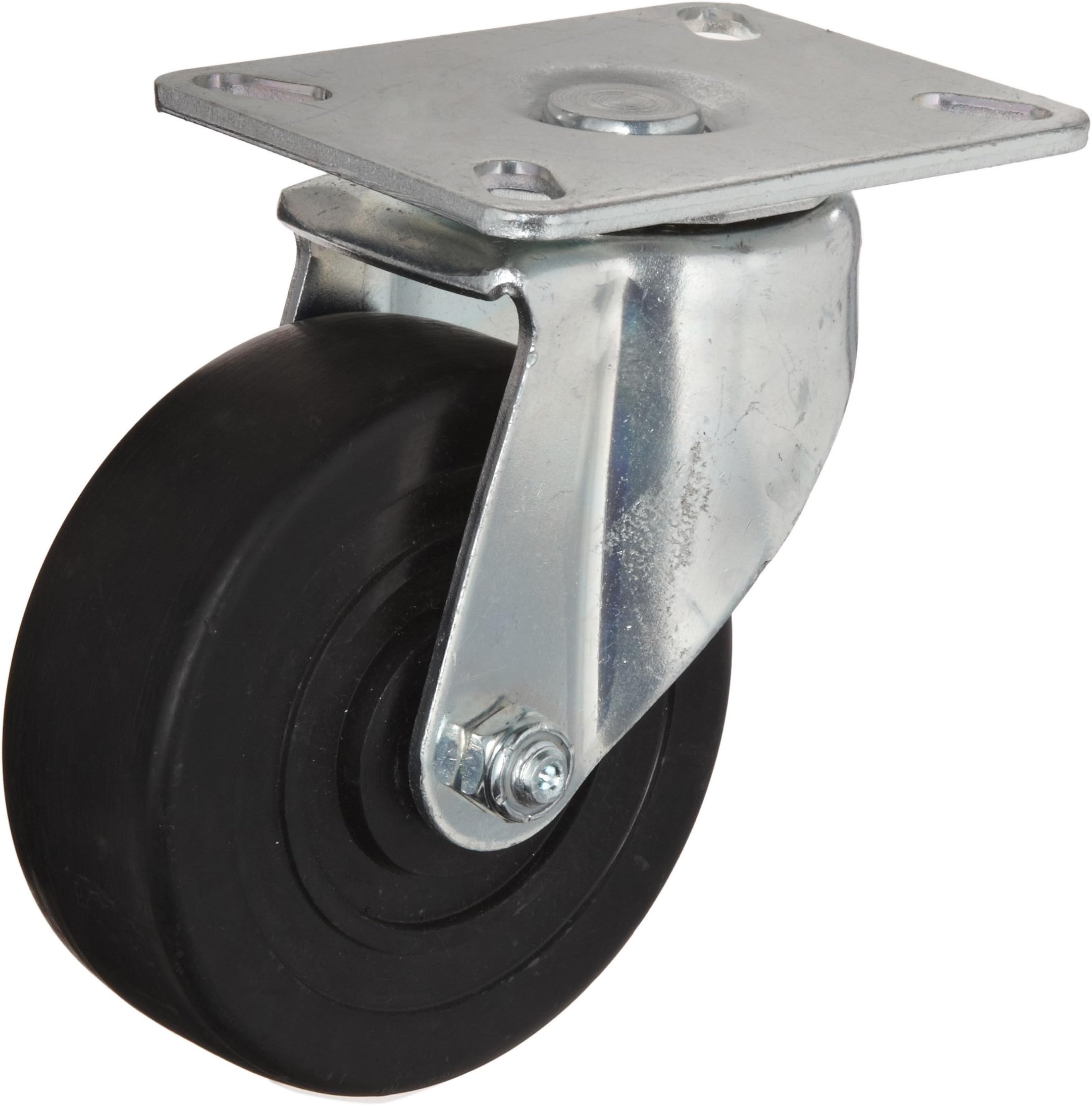 E.R. Wagner Plate Caster, Swivel, Hard Rubber Wheel, Delrin Bearing, 375 lbs Capacity, 5" Wheel Dia, 2" Wheel Width, 6" Mount Height, 3-3/4" Plate Length, 2-3/4" Plate Width