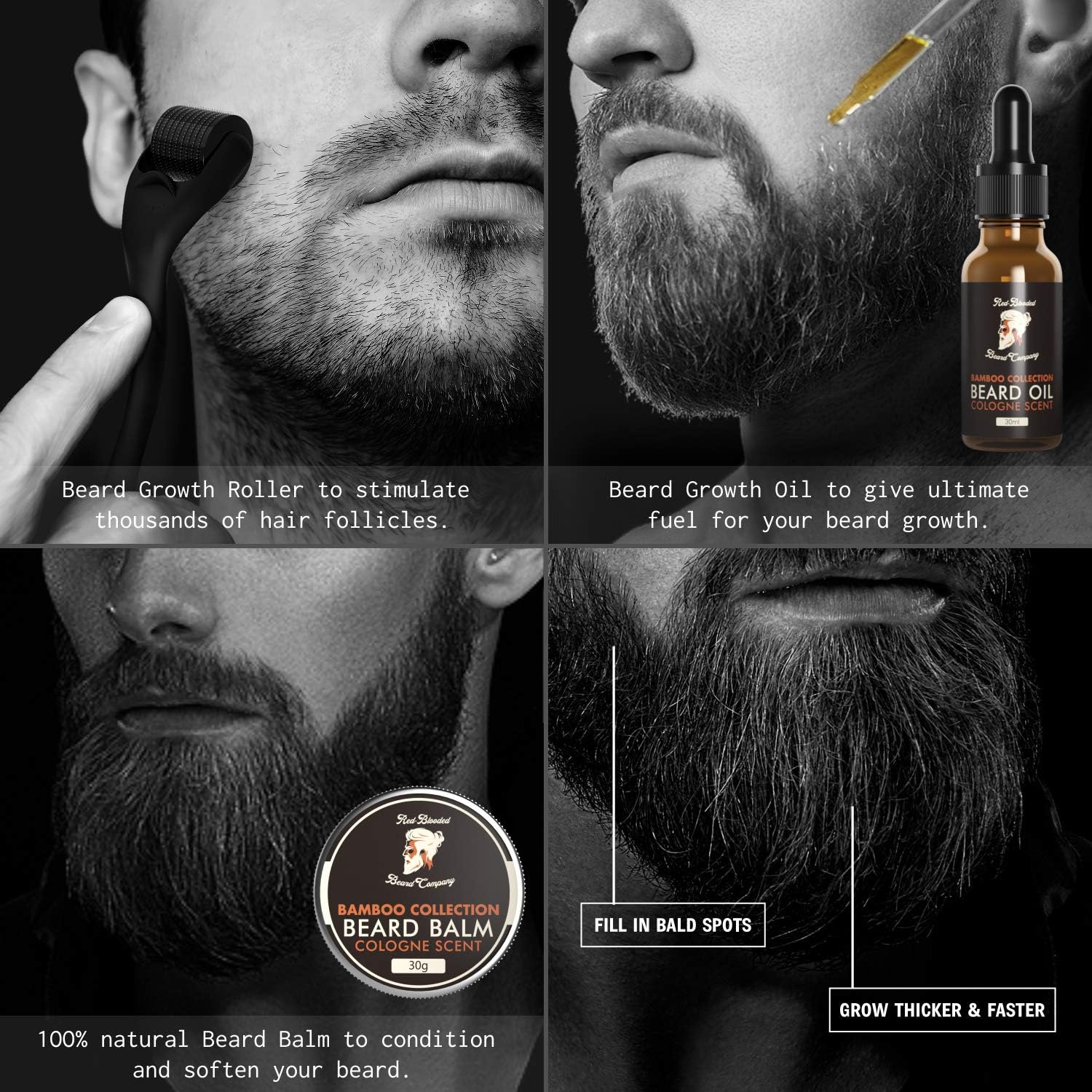 Red-Blooded Beard Growth Kit, Beard Roller + Beard Oil + Beard Balm - Image 3