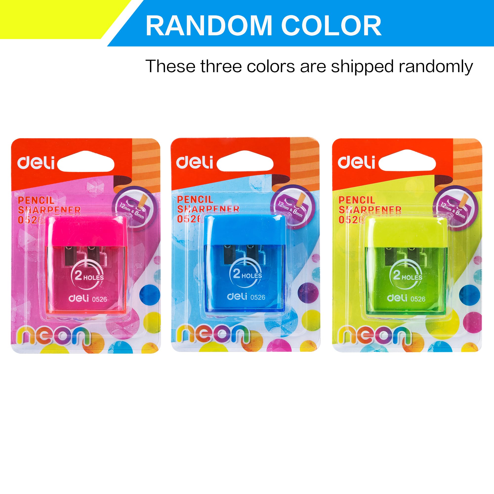 deli Manual Dual Holes Pencil Sharpeners with Lid, Colored, for Kids & Adults, Random Color