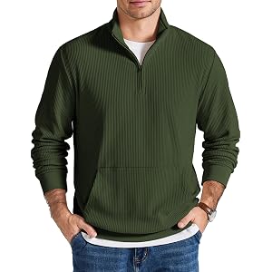 COOFANDY Men Quarter Zip Pullover Mock Neck Long Sleeve Corduroy Sweatshirt | Long sleeve lightweight soft warm slight stretc