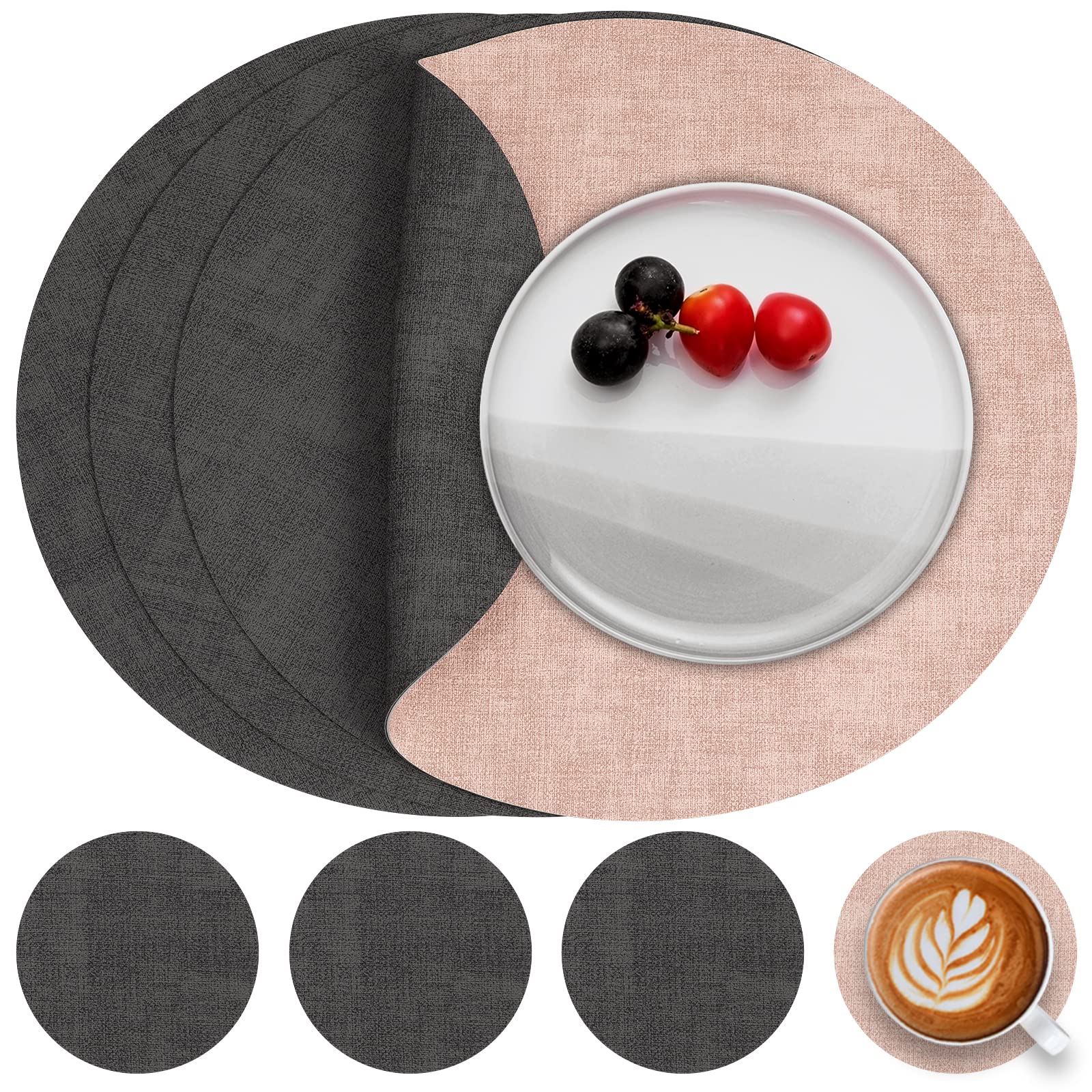 Myir JUN Leather Placemats and Coaster Set of 4, Table Mats Round Waterproof Dual Sided Kitchen Place Mats Coffee Mats Heat Resistant Placemat Non-Slip Washable (set of 4, Grey Pink)