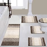 Vaukki 5 Piece Bathroom Rugs Set, Non Slip Shaggy Microfiber Plush Absorbent Washable Bath Shower Mats Runner for Tub (18''x26''+20''x32''+20''x47''+U20''x24''+Lid Cover, Brown and Beige)
