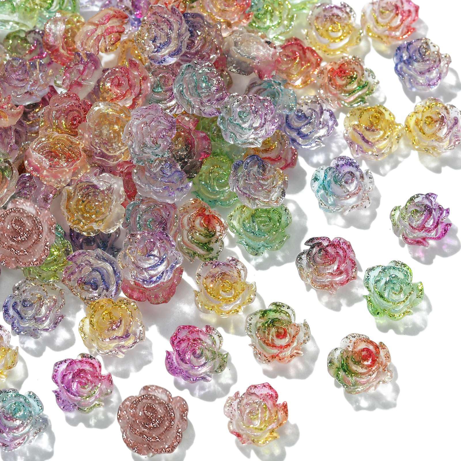 Stiesy 100Pcs Flower Resin Cabochons with Glitter Powder Rose Flatback Slime Charms Colourful Floral Nail Charm Bulk for DIY Crafting Hair Clips Accessories