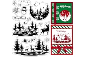 CRASPIRE Christmas Clear Rubber Stamps Winter House Forest Snowflake Elk Snowman Sleigh Holiday Transparent Silicone Seals Stamp Xmas Journaling Card Making DIY Scrapbooking Photo Decor 6.3 x 4.3inch