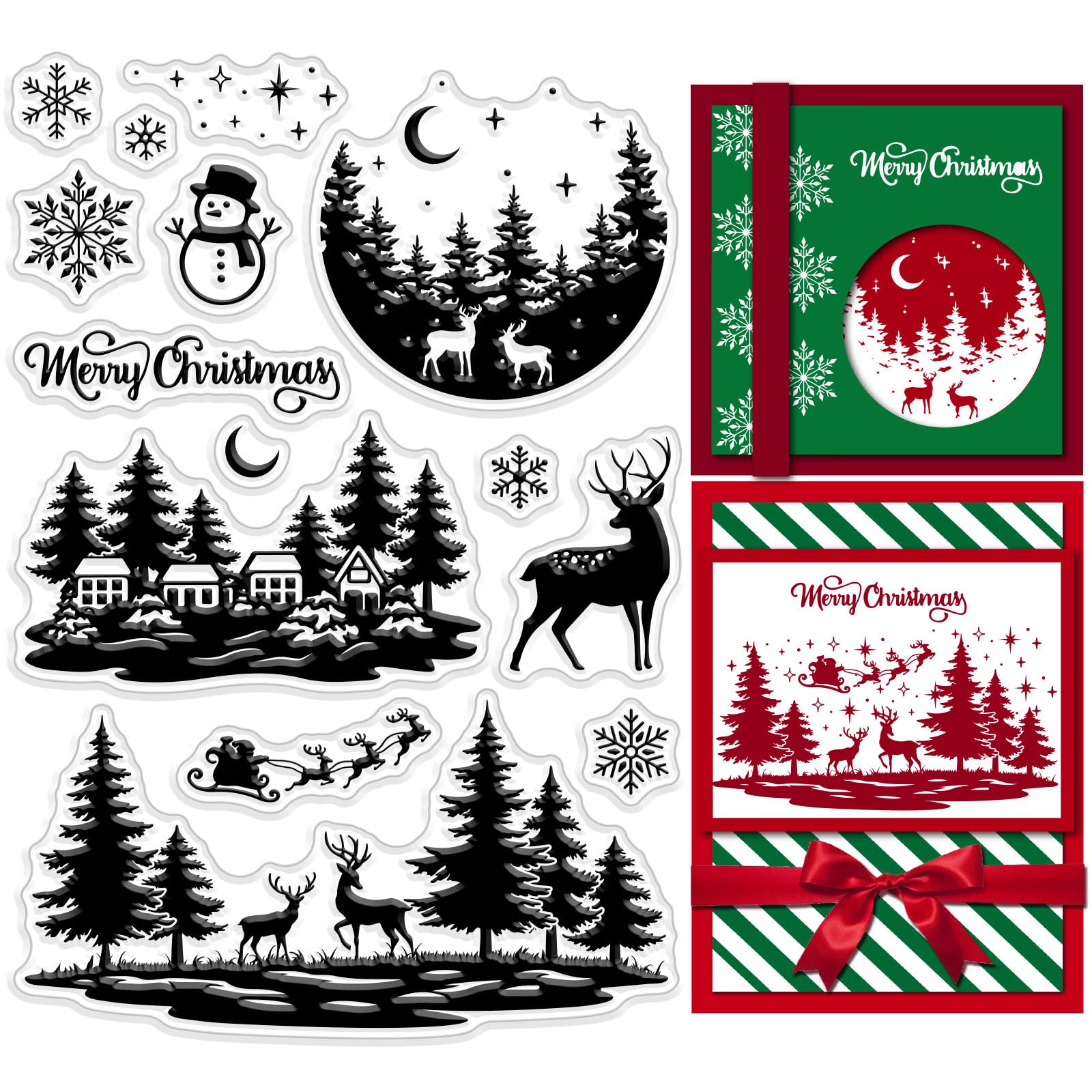 CRASPIRE Christmas Clear Rubber Stamps Winter House Forest Snowflake Elk Snowman Sleigh Holiday Transparent Silicone Seals Stamp Xmas Journaling Card Making DIY Scrapbooking Photo Decor 6.3 x 4.3inch