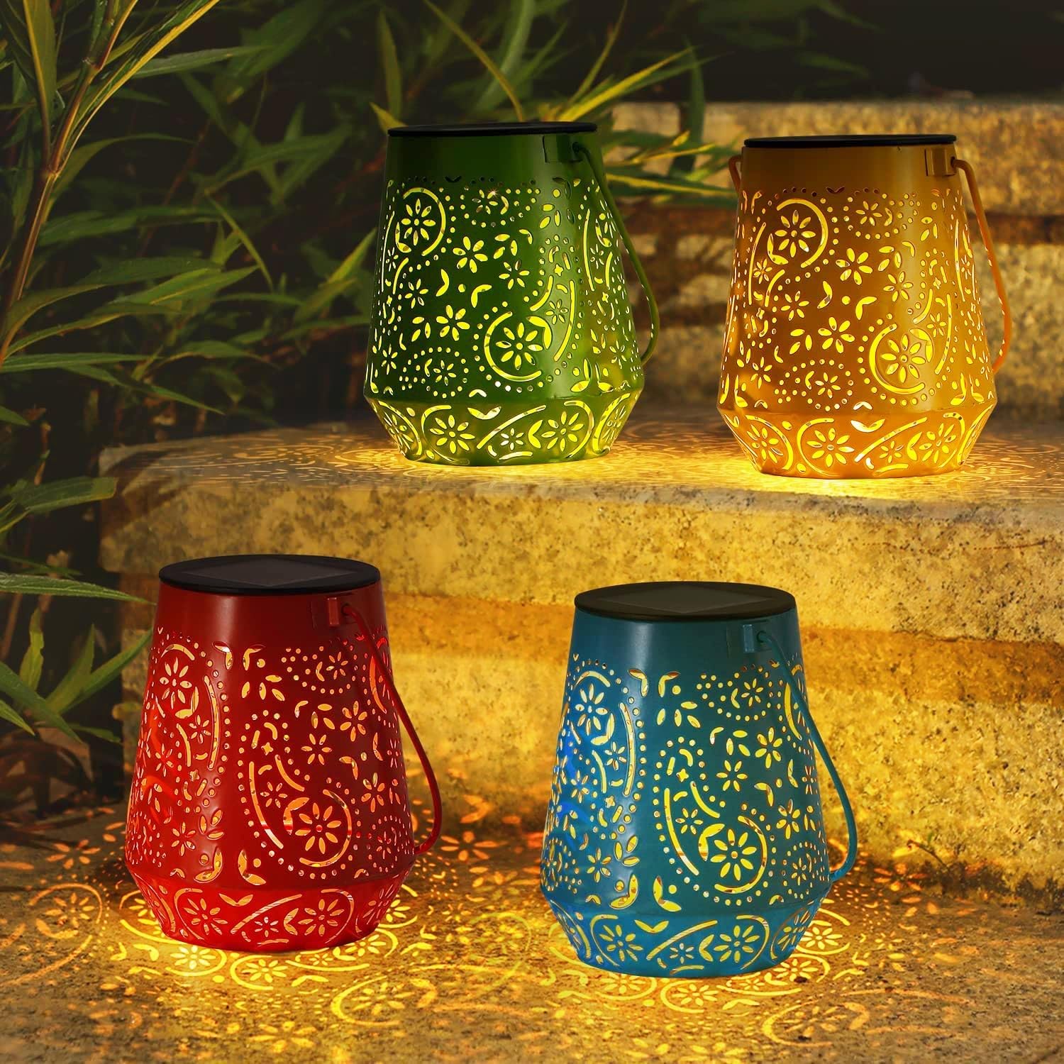 OxyLED Garden Lanterns, Solar Lanterns for Outside Red Yellow Blue Green 4 Pack Halloween Decoration Solar Lantern IP44 Waterproof for Patio Fence Tree Room Outside