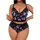 Women Plus Size 2 Piece Floral Lingerie Lace Trim Camisole Top Panty Set | SecWpnConfy Black Pink Flower Nightwear Sexy High Waist Underwear Mesh Sleepwear Babydoll