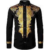 LucMatton Men's African Attire Shiny Gold Foil Printing Long Sleeve Button Up Shirt Mandarin Collar Slim Fit Dashiki