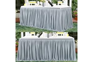 Partisky Gray Polyester Table Skirt for Rectangle Tables 14ft, Wrinkle Resistant Pleated Ruffle Table Cloth for Banquet Wedding Trade Baby Shower Display Gift Dining Table