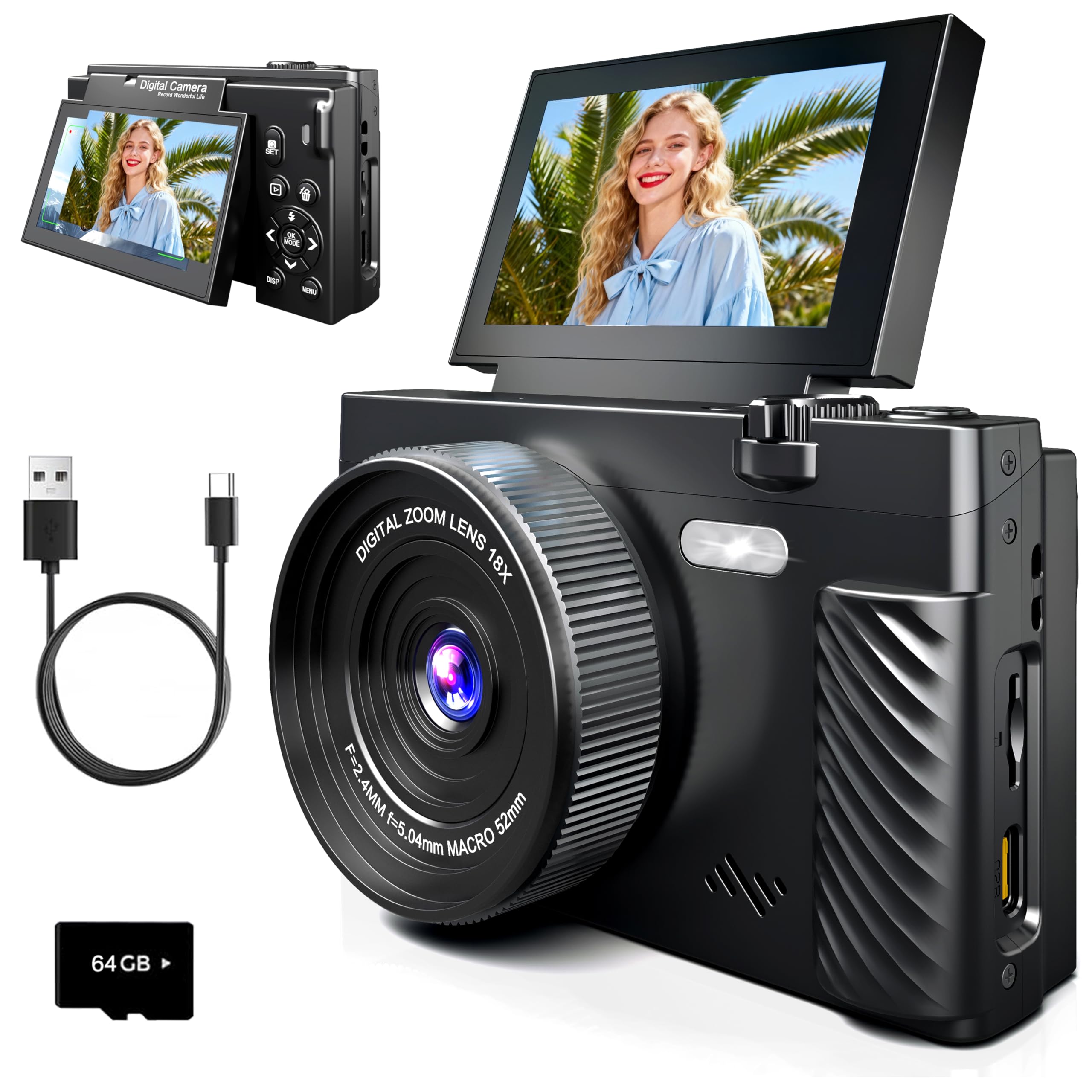 Photo 1 of 4K Digital Camera for Photography, 64MP WiFi Vlogging Camera with 180° Flip Screen, Point and Shoot Camera for YouTube, Beginner Camera with Beauty Mode & 64GB SD Card